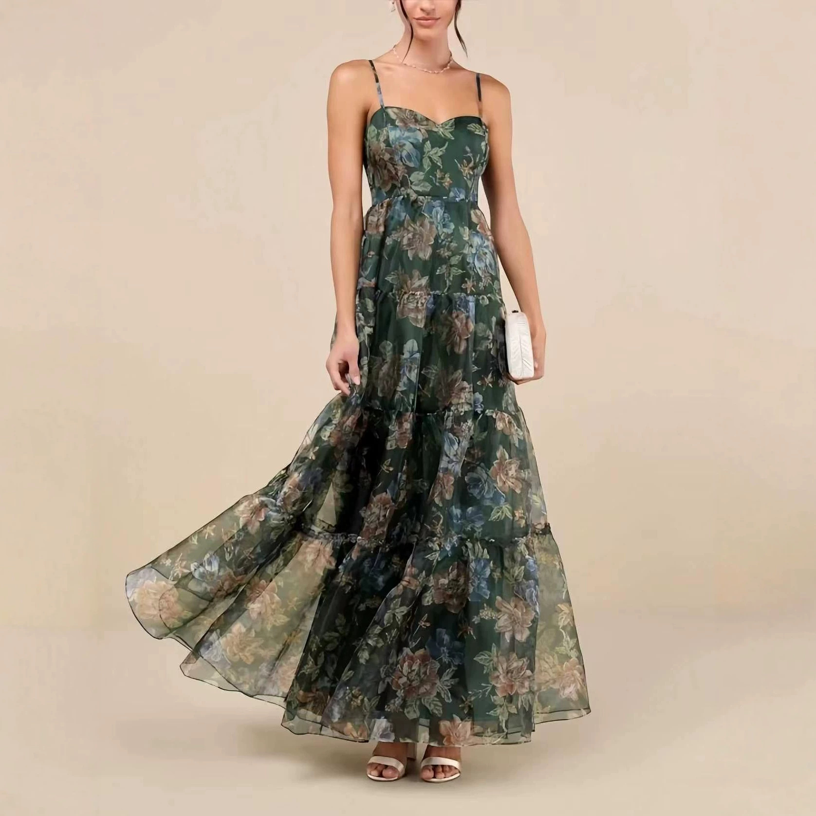 Dark Green Vintage Floral Print Sleeveless Tiered Maxi Dress with Flowy Mesh
