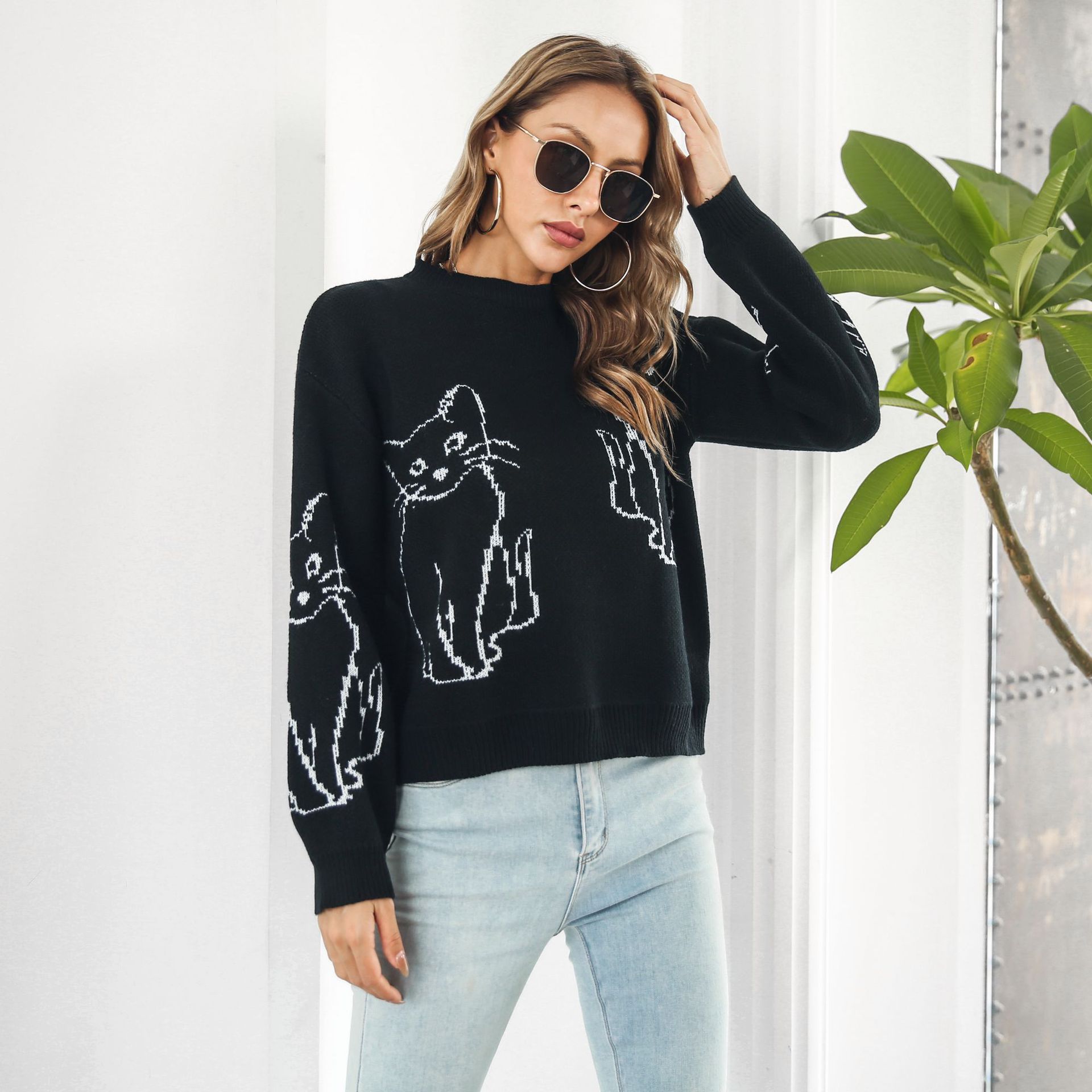 Women's Cat Jacquard Sweater Loose Fit Long Sleeve Knit Pullover