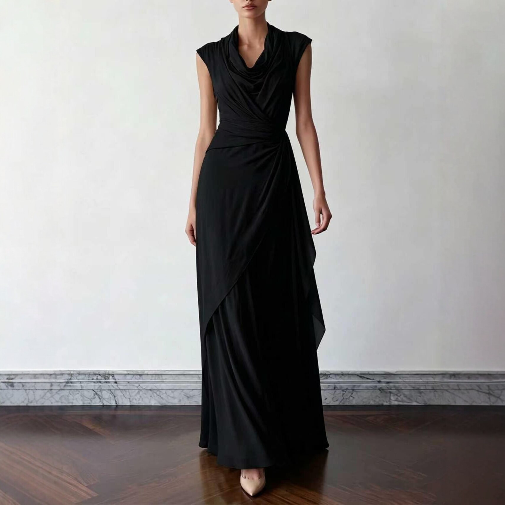 Women's Draped Neck Sleeveless Ruched Chiffon Maxi Dress