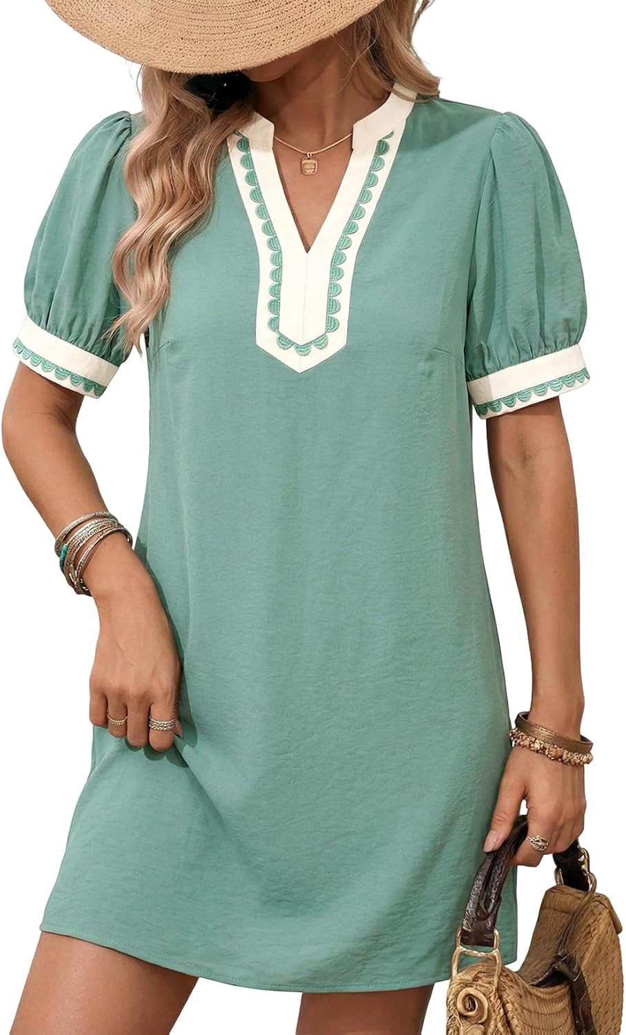 Color-Block Short Sleeve Half-Open V-Neck Straight Vacation Dress