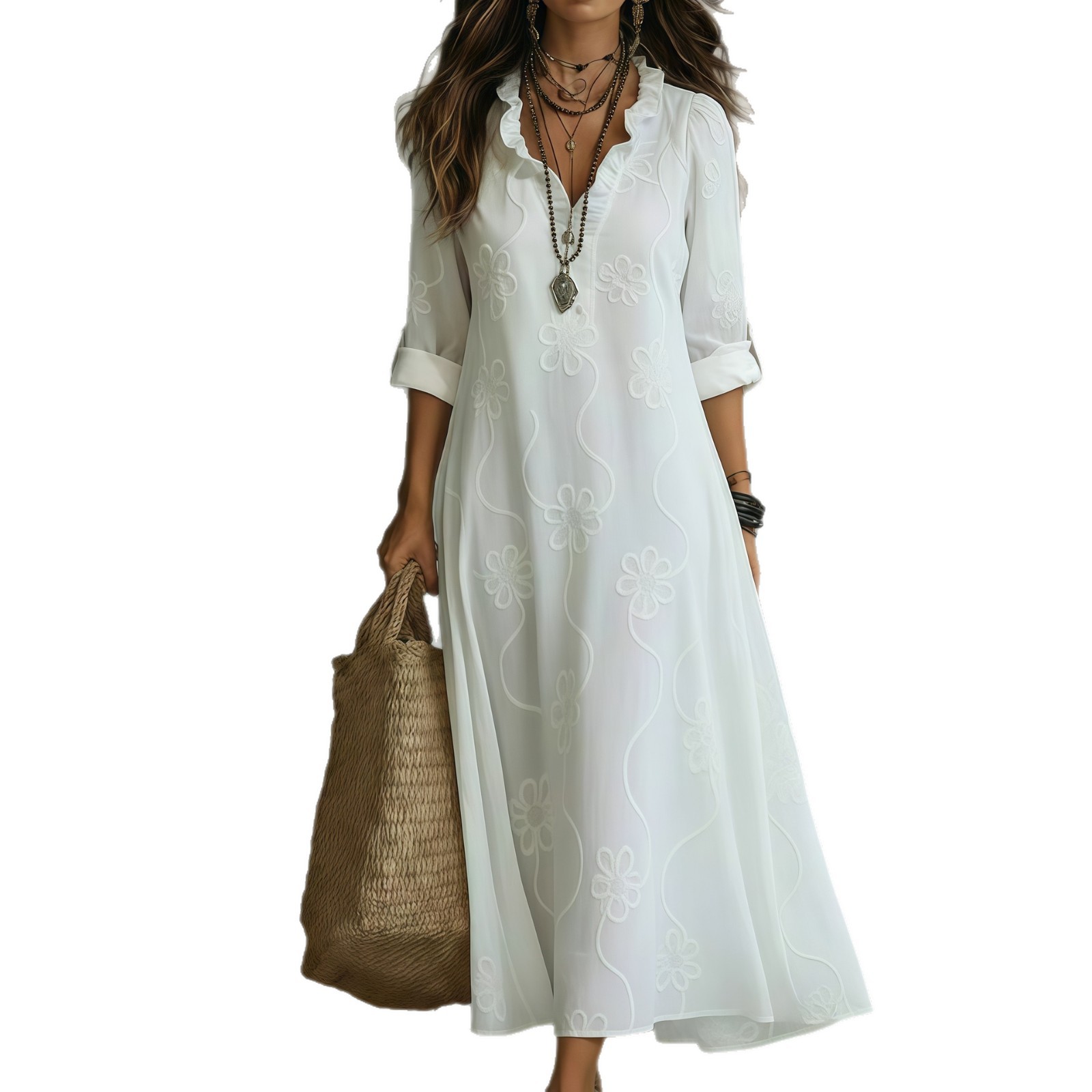 3D Digital Print Long Sleeve Plus Size A-Line Dress