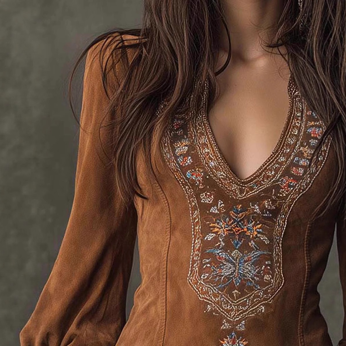 Women's Long Sleeve V-Neck Embroidered Bodycon Mini Dress