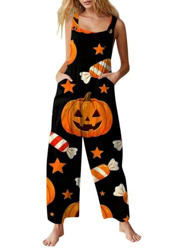 Women's Halloween Pumpkin Cat Print Sleeveless Jumpsuit Casual