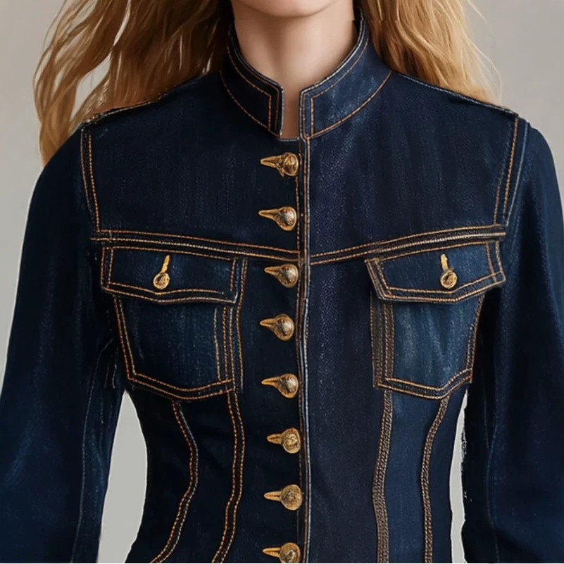 Retro Dark Wash Denim Jacket with Stand Collar