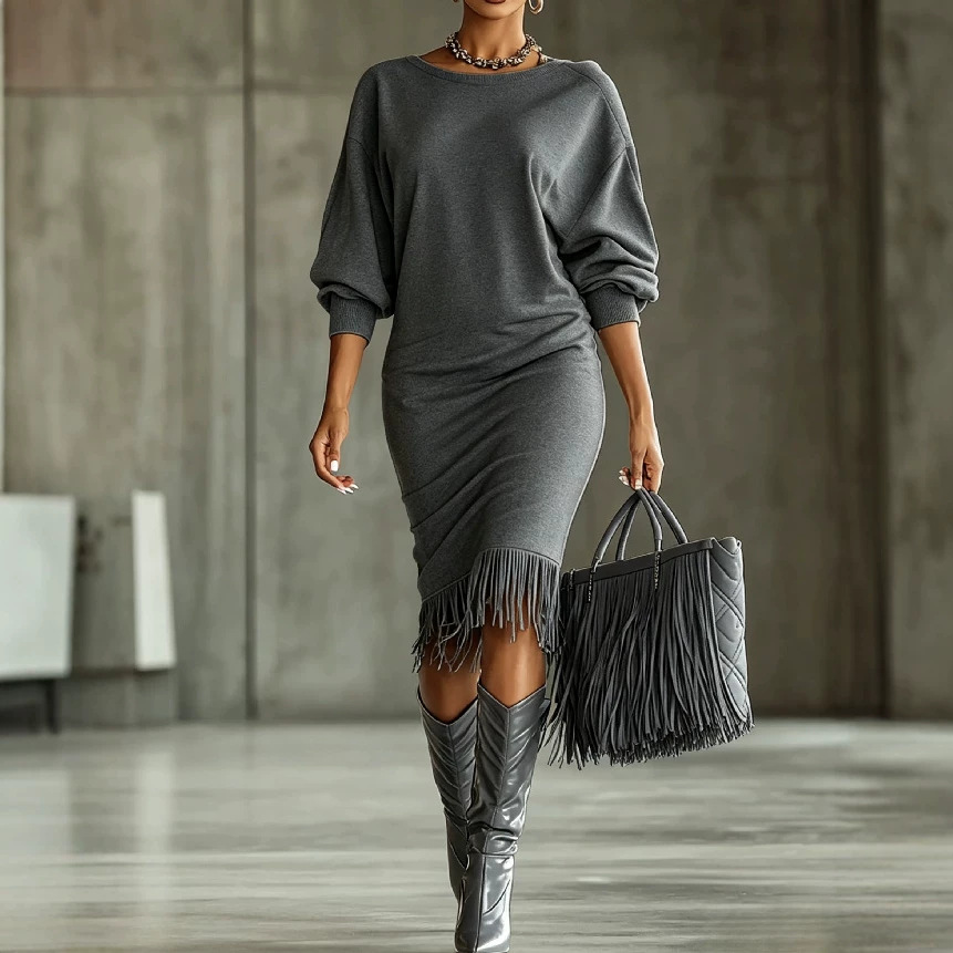 Women's Midi Fringe Dress Crew Neck Long Sleeve A-Line
