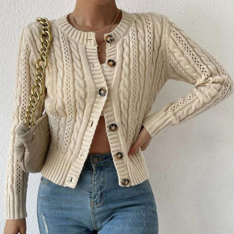 Women's Cable-Knit Button-Front Cardigan Sweater Long Sleeve Crew Neck