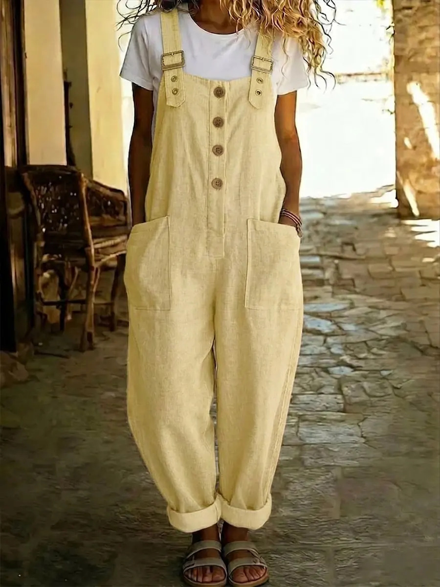 Women's Cotton-Linen Solid Color Vintage Straight-Leg Overalls with Pockets