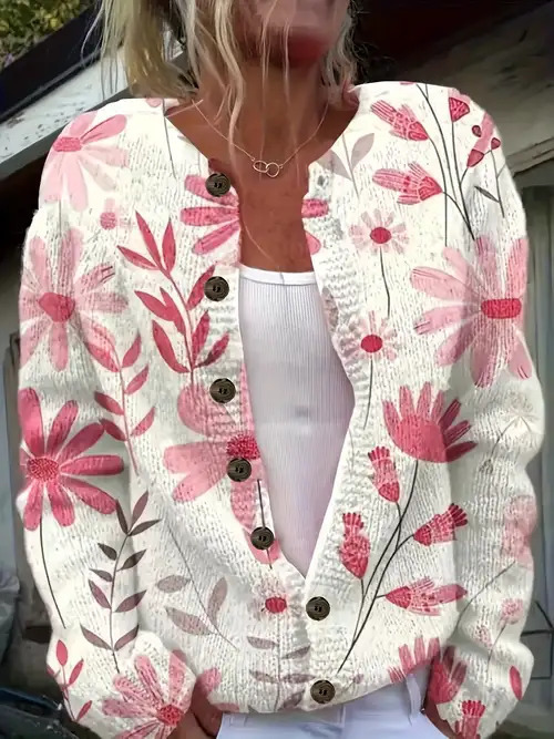 Women's Floral Print Long Sleeve Crew Neck Pullover Sweater
