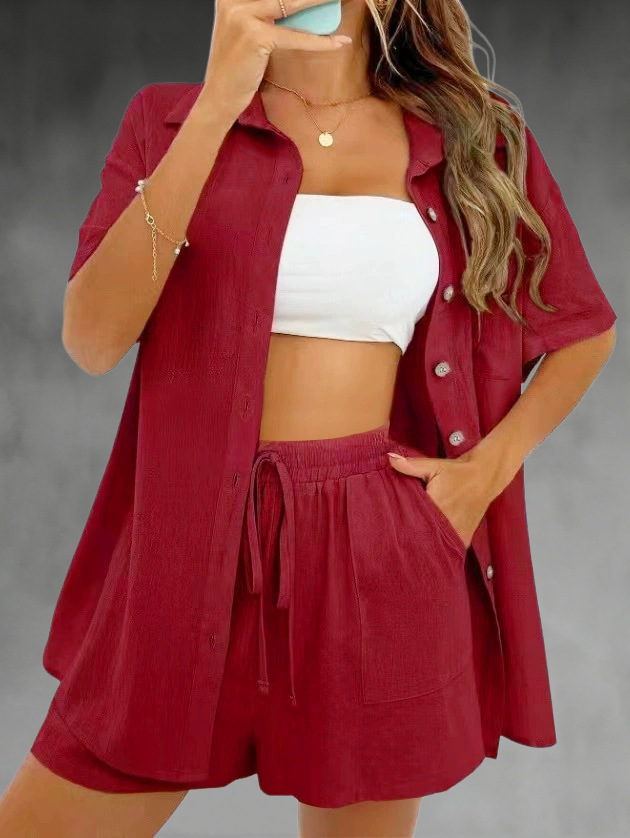 Solid Color Short Sleeve Cardigan Top and Shorts Two-Piece Set