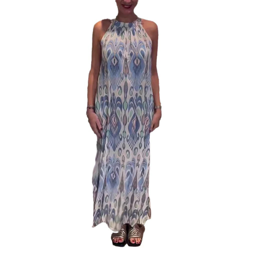 Women's Sleeveless Halter Neck Printed Maxi Dress