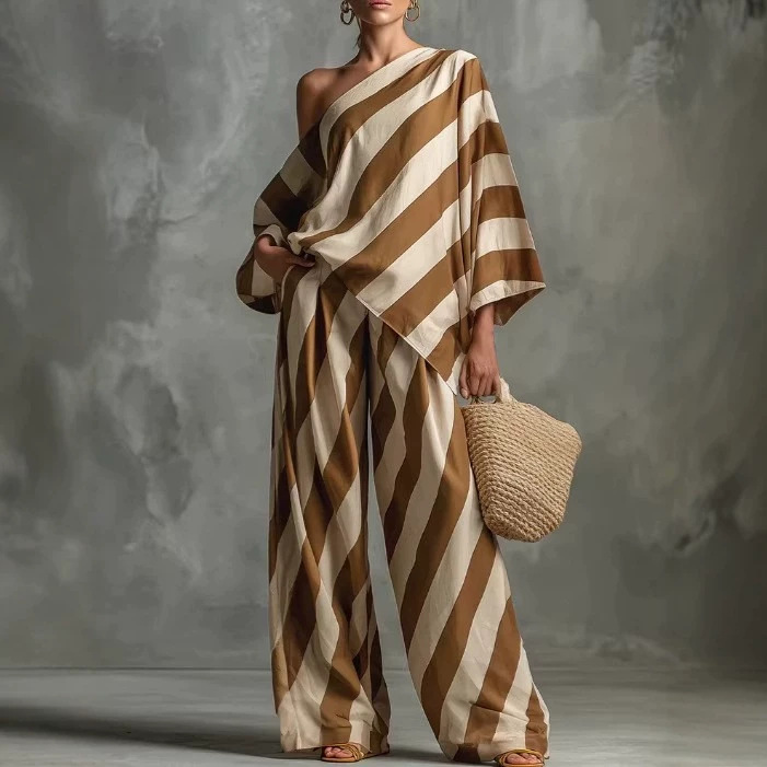 Relaxed Retro Striped Print Top and Wide-Leg Pants Set