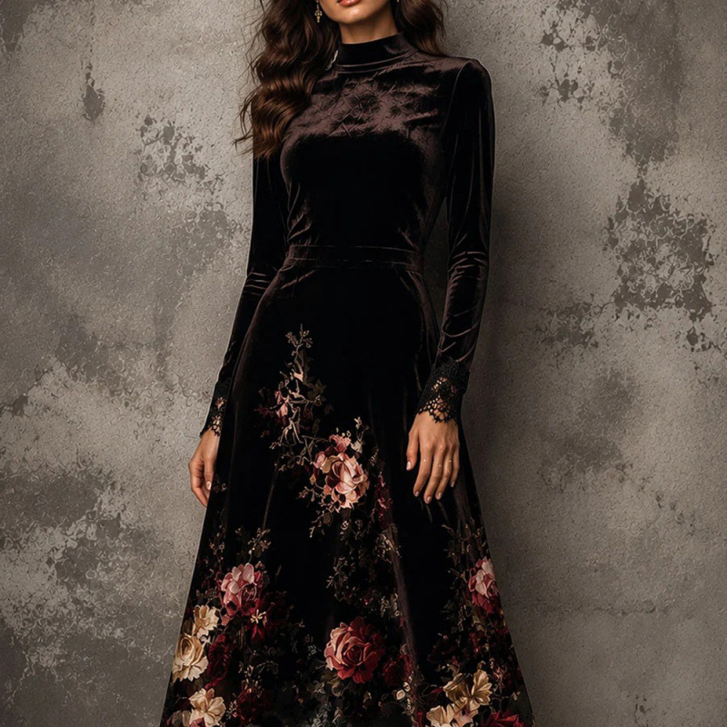 Black Floral Print Long Sleeve A-Line Maxi Dress with 3D Flowers