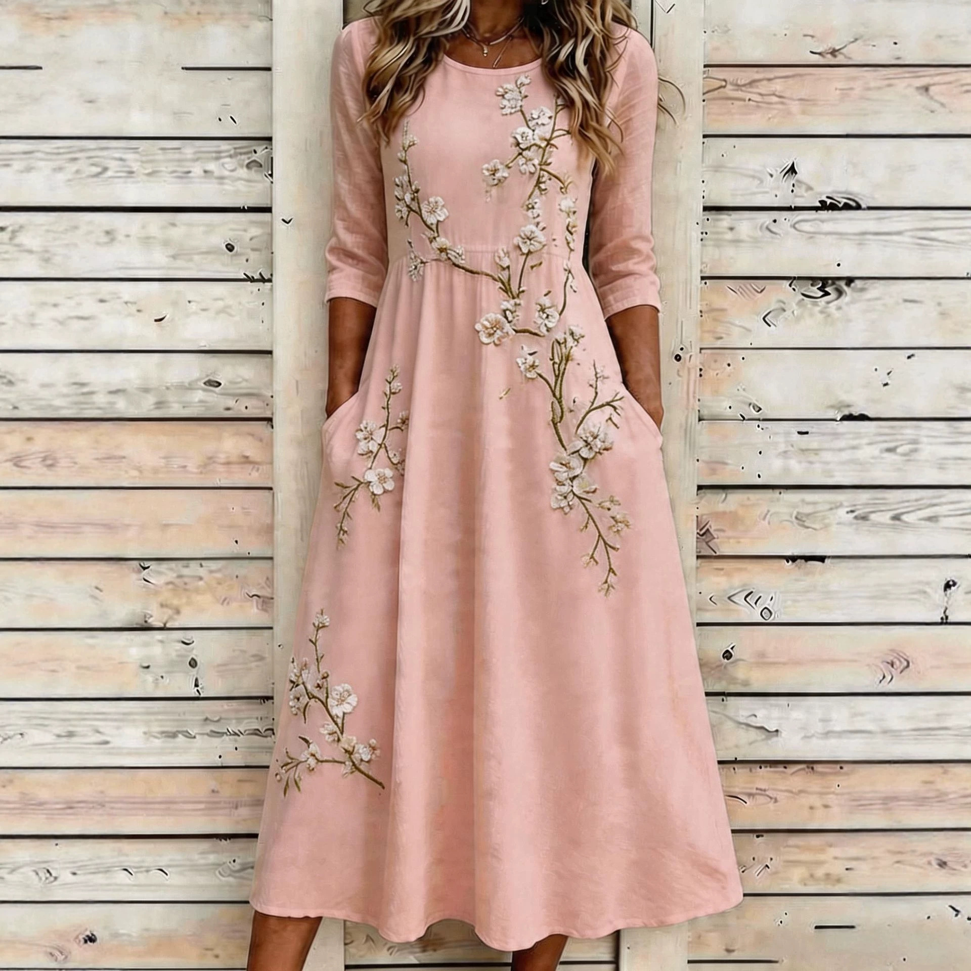 Floral Embroidered Midi Dress with Pockets