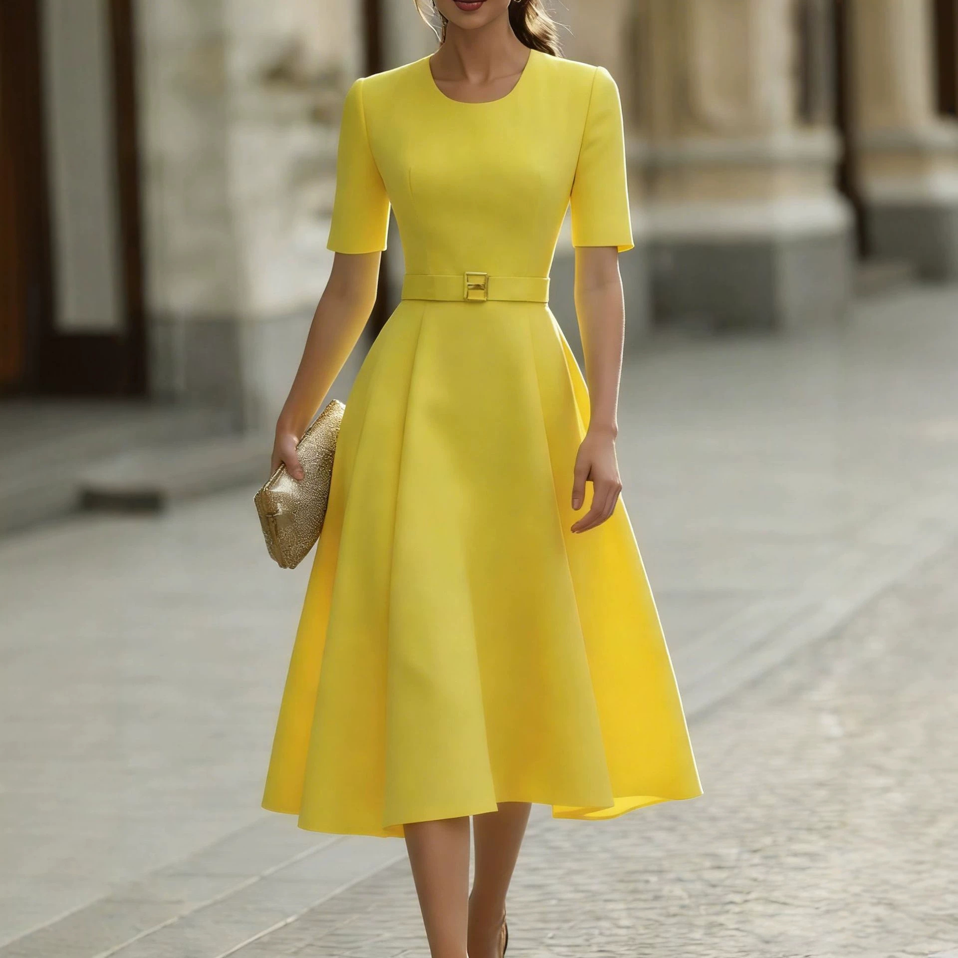 Elegant Solid Crewneck Mini Dress with Belt
