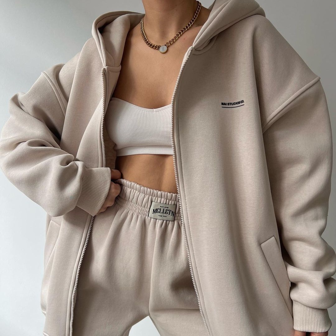 Women's Fleece-Lined Long Sleeve Hoodie and Pants Set with Letter Print