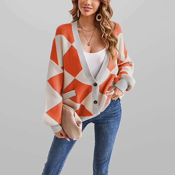 V-Neck Argyle Color-Block Loose Knit Cardigan