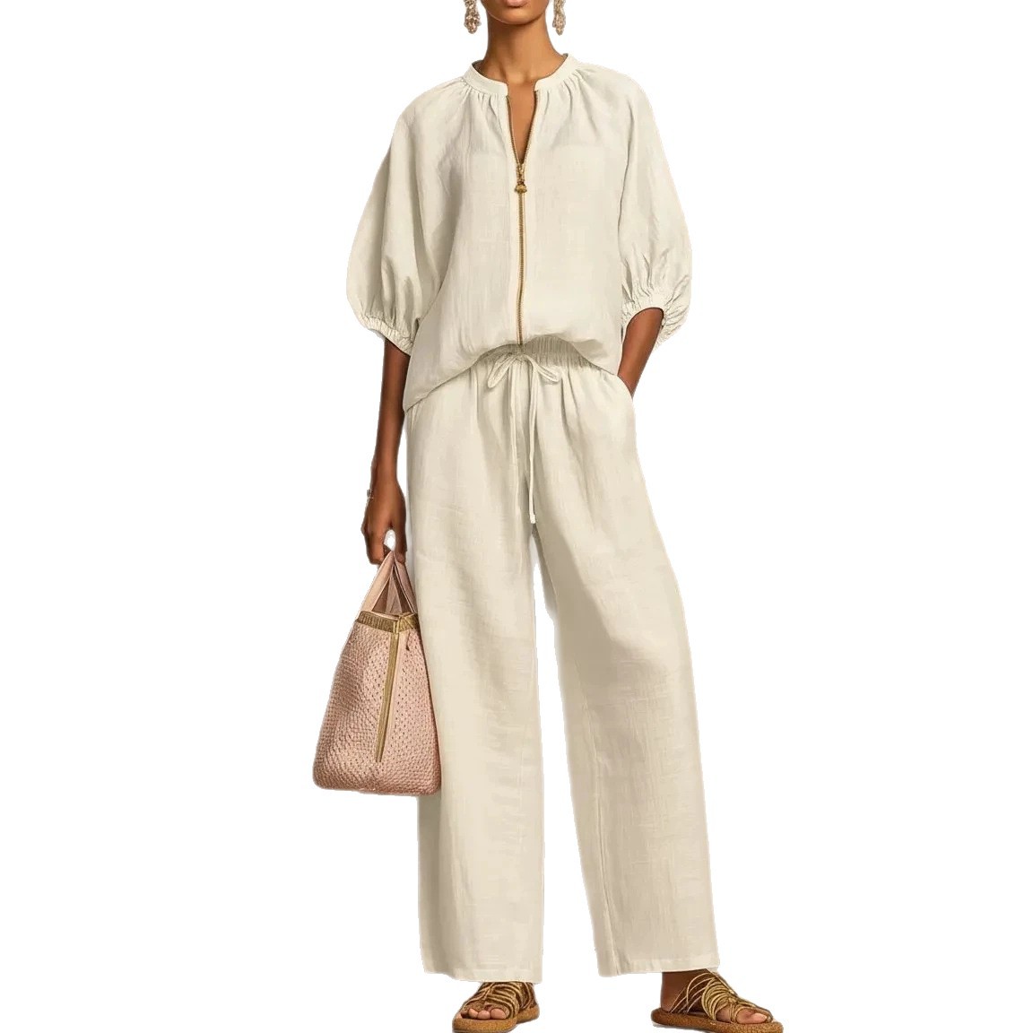 Elegant Solid Two-Piece Set: Crew Neck Mid-Sleeve Top & Wide-Leg Pants