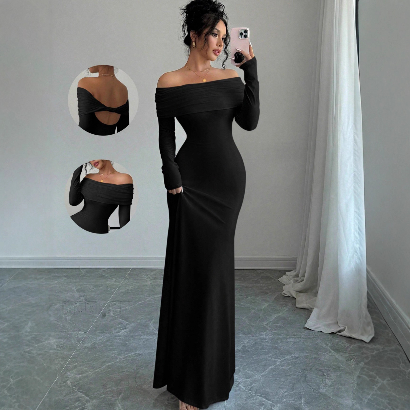 Women's Off-Shoulder Cross Backless Long Dress Elegant Evening Gown