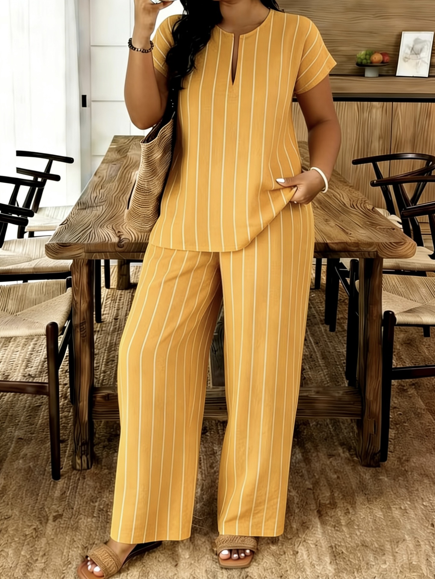 Women's V-Neck Top and Pants Set Casual Striped Two-Piece