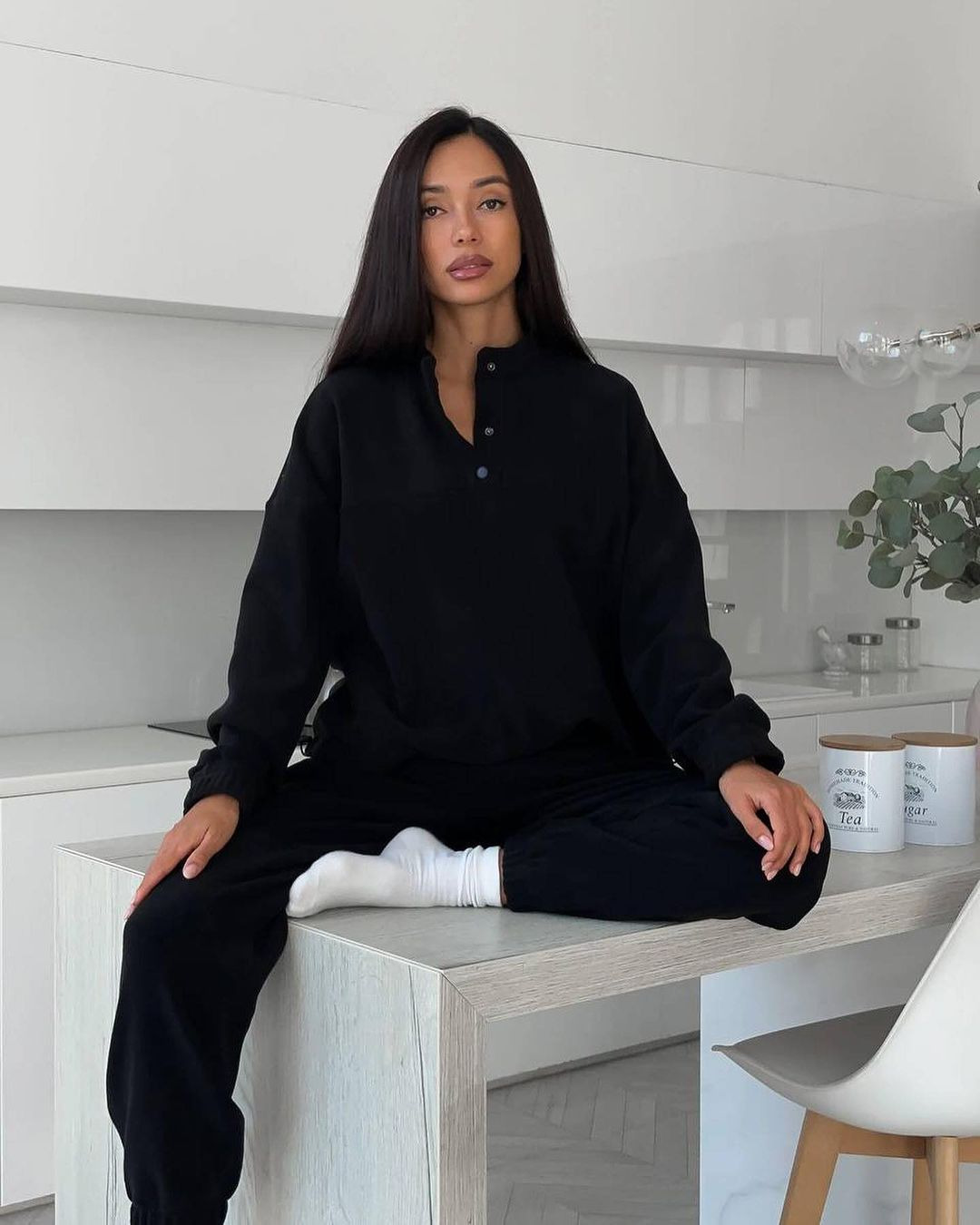 Women's Solid Fleece Sweatshirt and Pants Two-Piece Set Casual Lounge Outfit