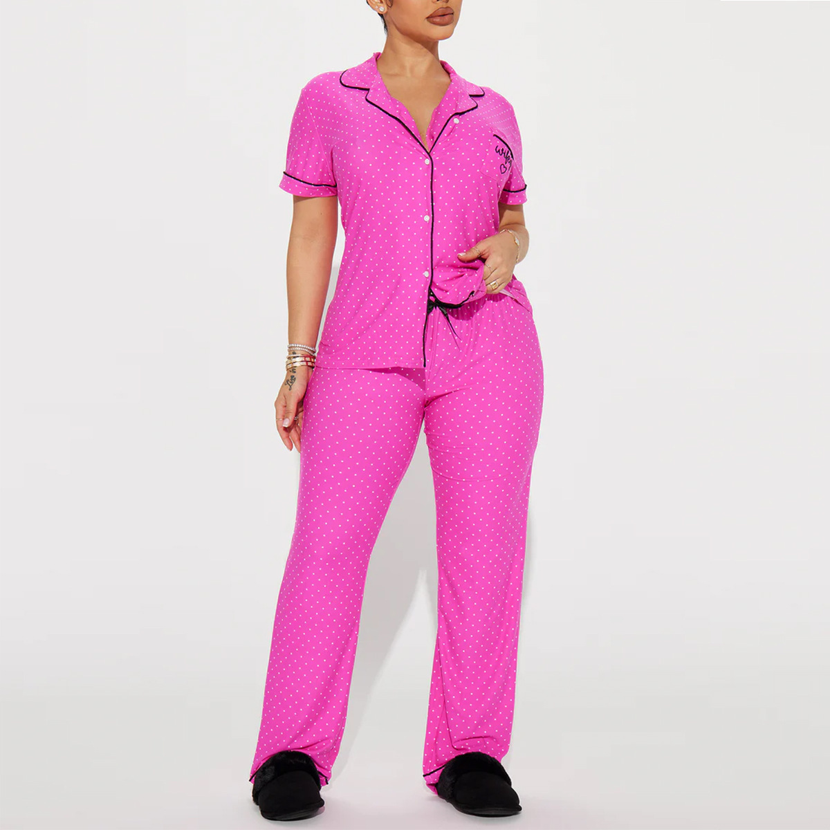 Women's Polka Dot Cuban Collar Short Sleeve Top and Pants Lounge Set