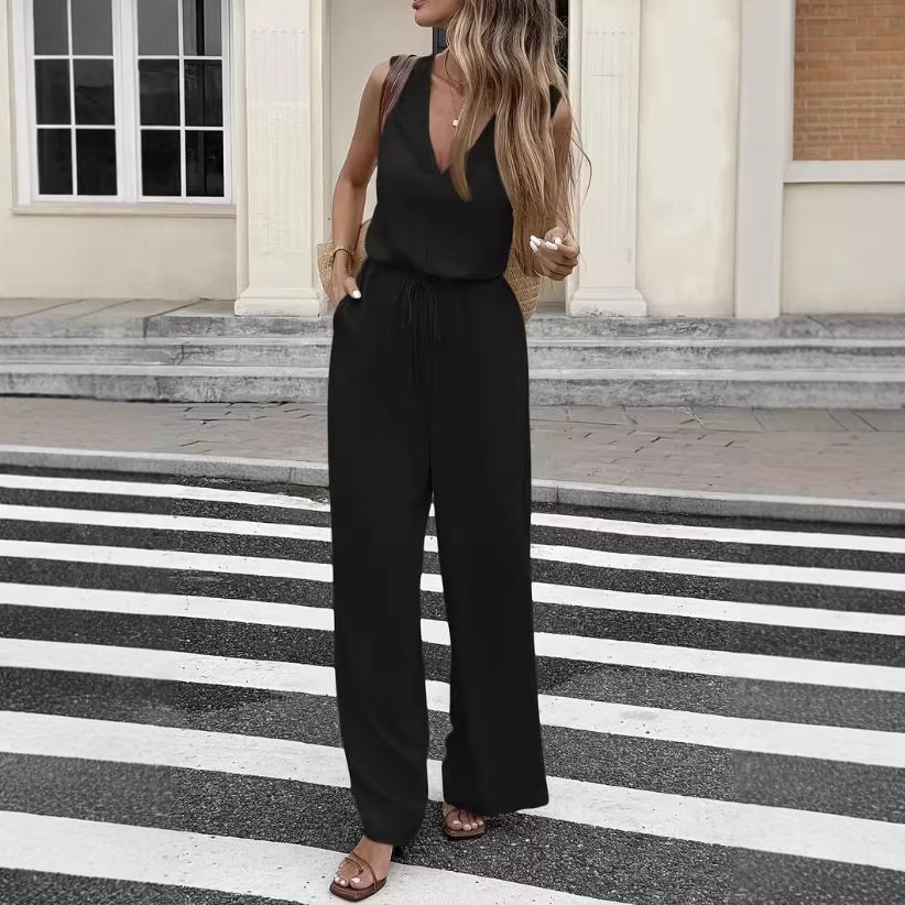 Women's V-Neck Sleeveless Tie-Waist Long Pants Casual Set