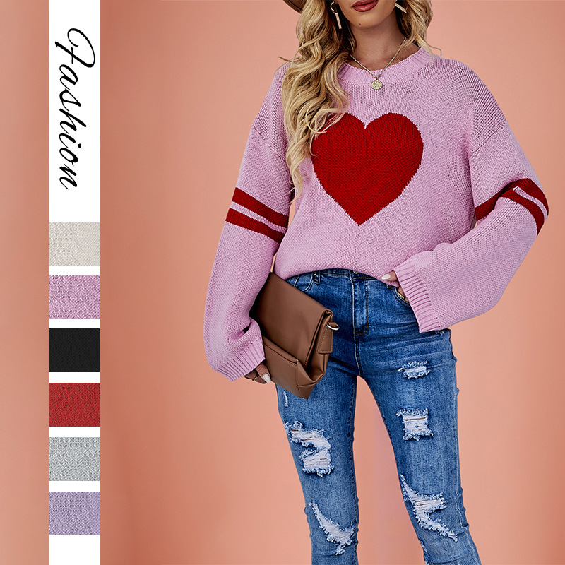 Women's Color-Block Heart Crewneck Knit Sweater