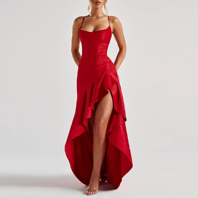 Elegant Solid Color Ruffle Trim Asymmetrical Evening Dress