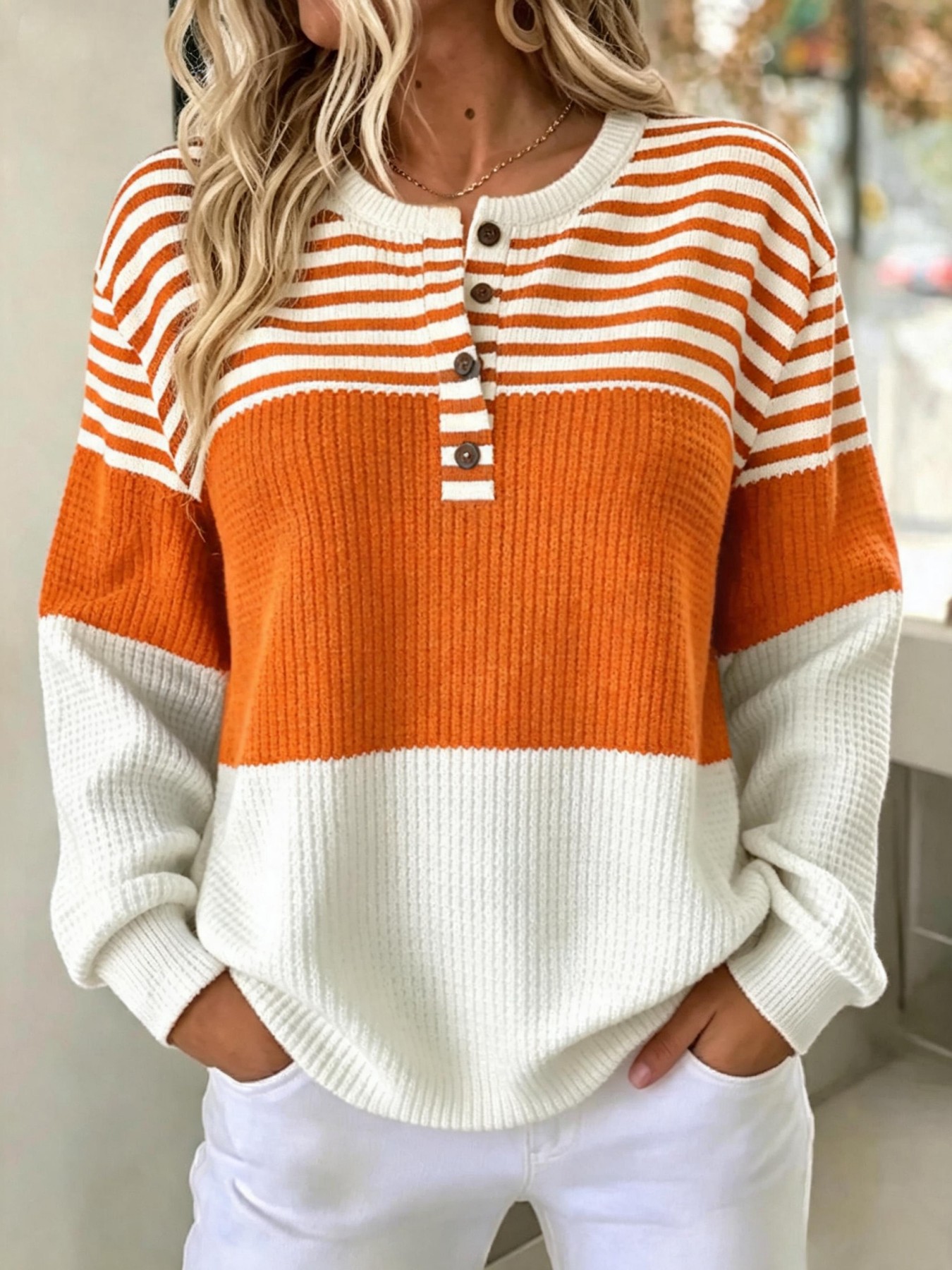 Women's Retro Striped Print Buttoned Casual Sweatshirt