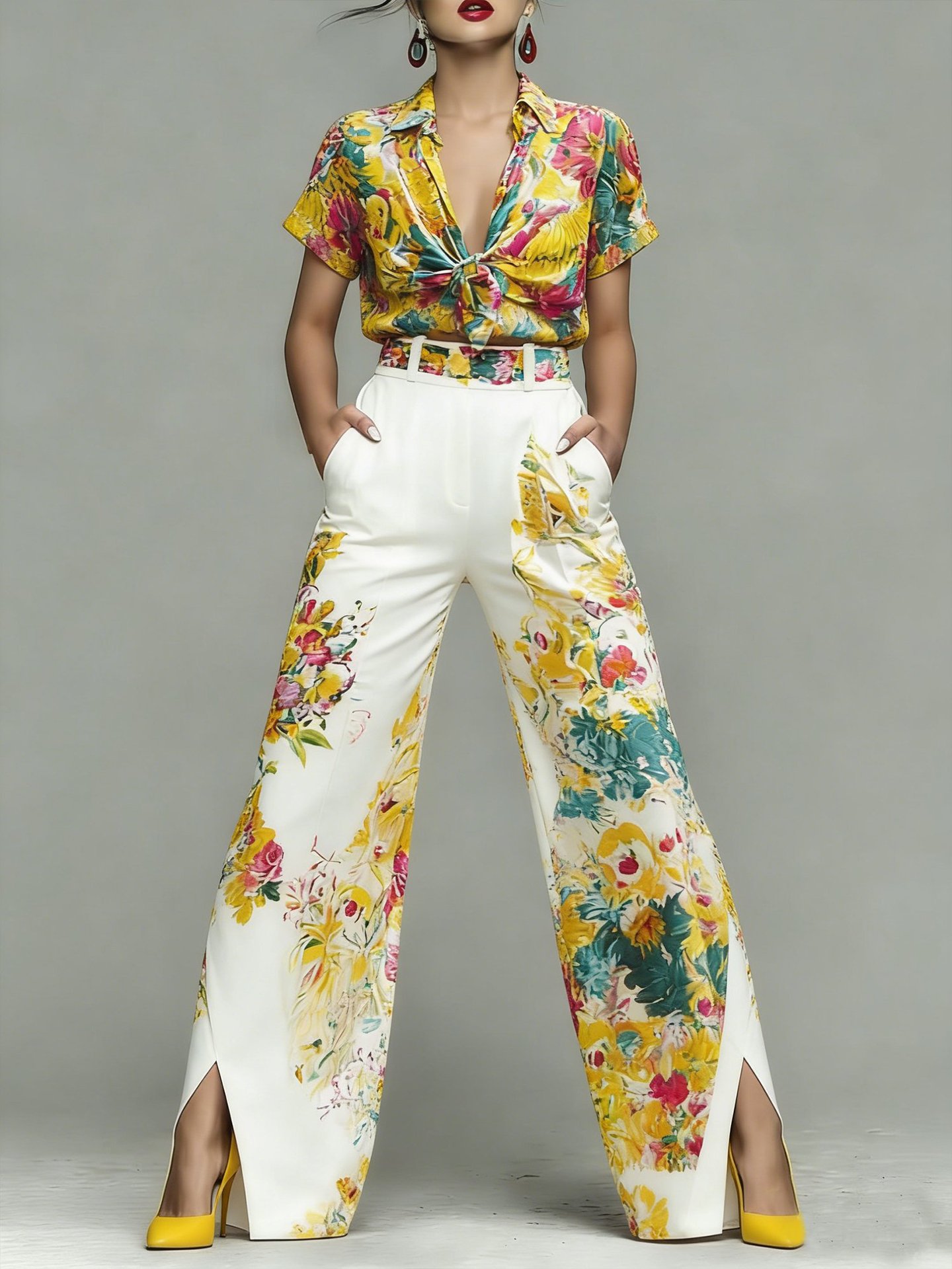 Women's Floral Print Knot Shirt and Pants Two-Piece Set