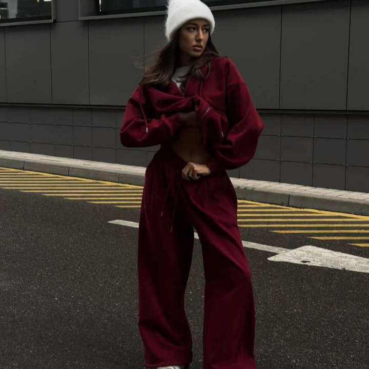 Women's Casual Long Sleeve Hooded Zip-Up Tracksuit Set with Pants