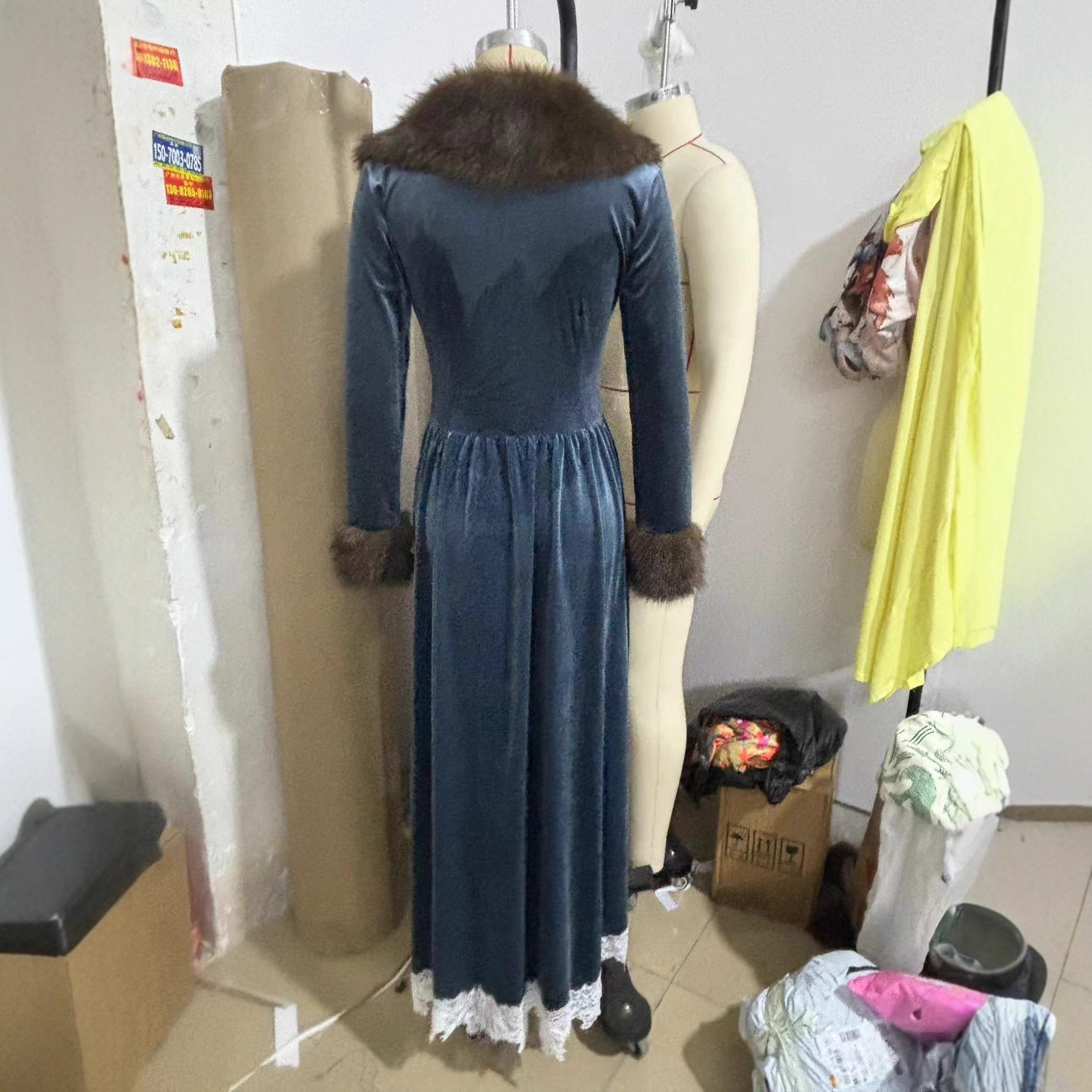 Women's Long Sleeve Gold Velvet Dress with Faux Fur Collar and Lace Trim
