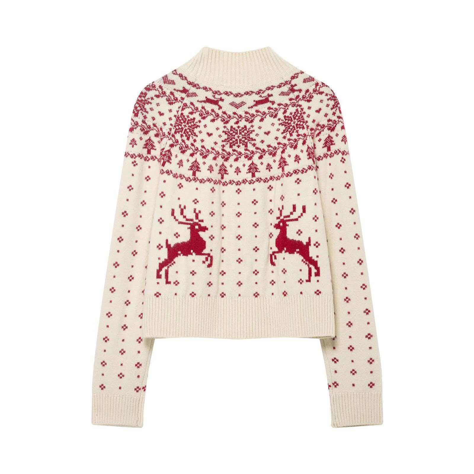 Red Reindeer Snowflake Jacquard Mock Neck Knit Sweater