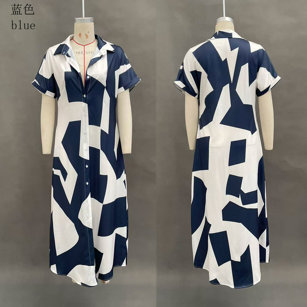 Geometric Print Shirt Dress Short Sleeve Long Casual Vacation Dress
