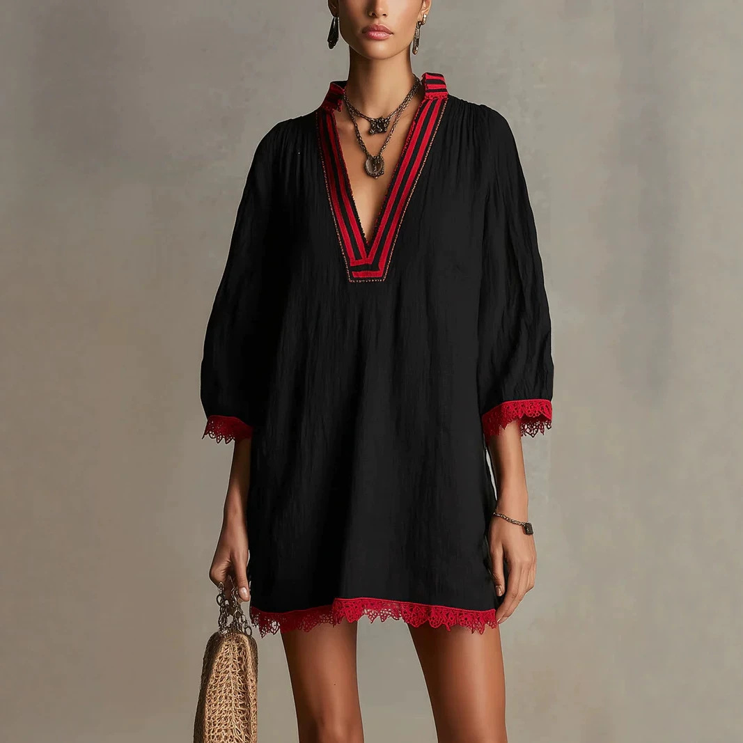 Striped V-Neck Lace Loose Straight Casual Dress