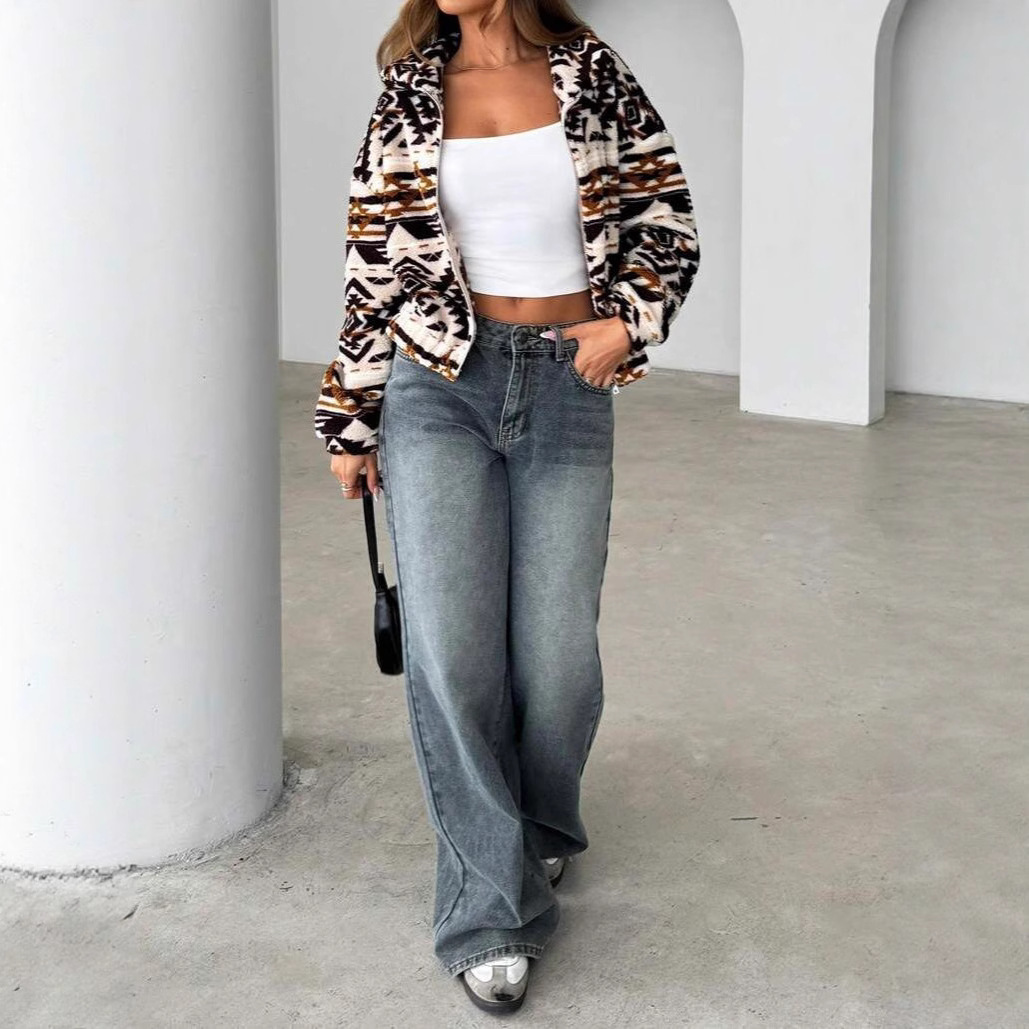 Women's Loose Fit Printed Hooded Fleece Jacket