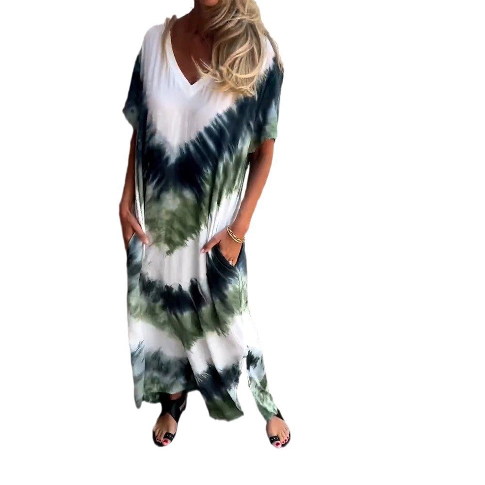 Women's Casual Loose Short Sleeve V-Neck Slit Tie-Dye Maxi Dress