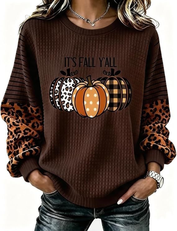 Ribbon Letter Print Crewneck Long Sleeve Waffle Sweatshirt for Women