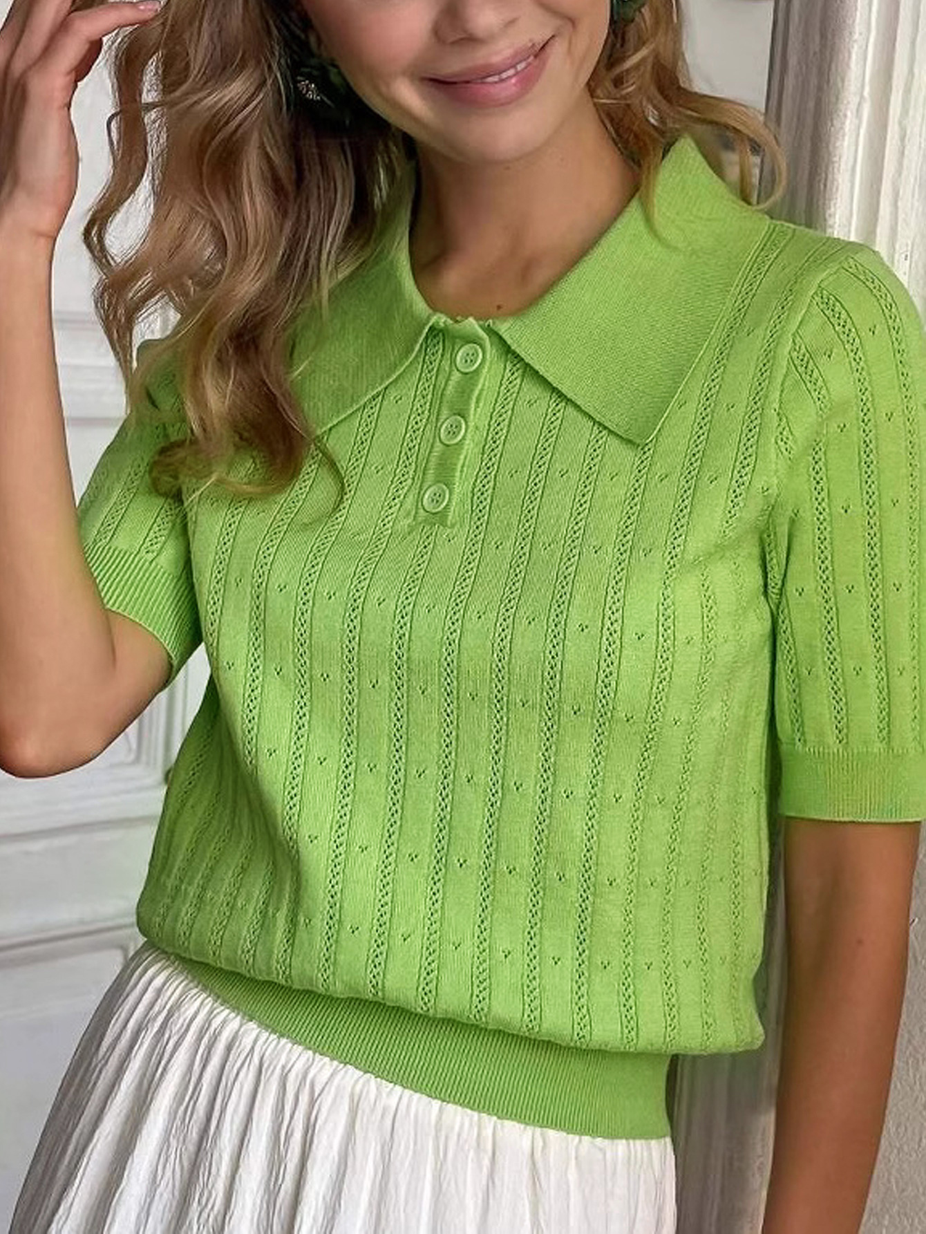 Women's Casual Polo Neck Short Sleeve Knit Top