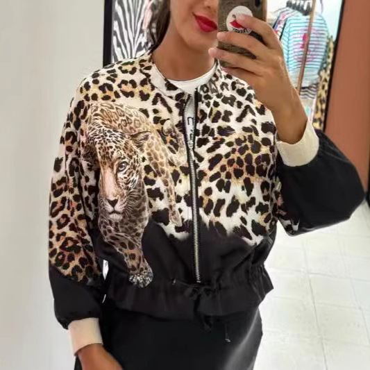 Women's Leopard Print Bomber Jacket Zip-Up Stand Collar