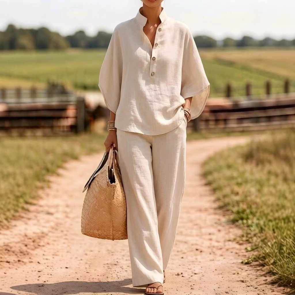 Women's Linen Blend Button Shirt and Wide-Leg Pants Two-Piece Set
