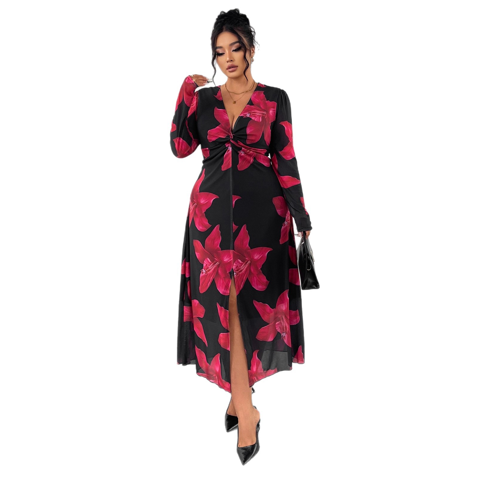 Floral V-Neck High-Waist Long Dress