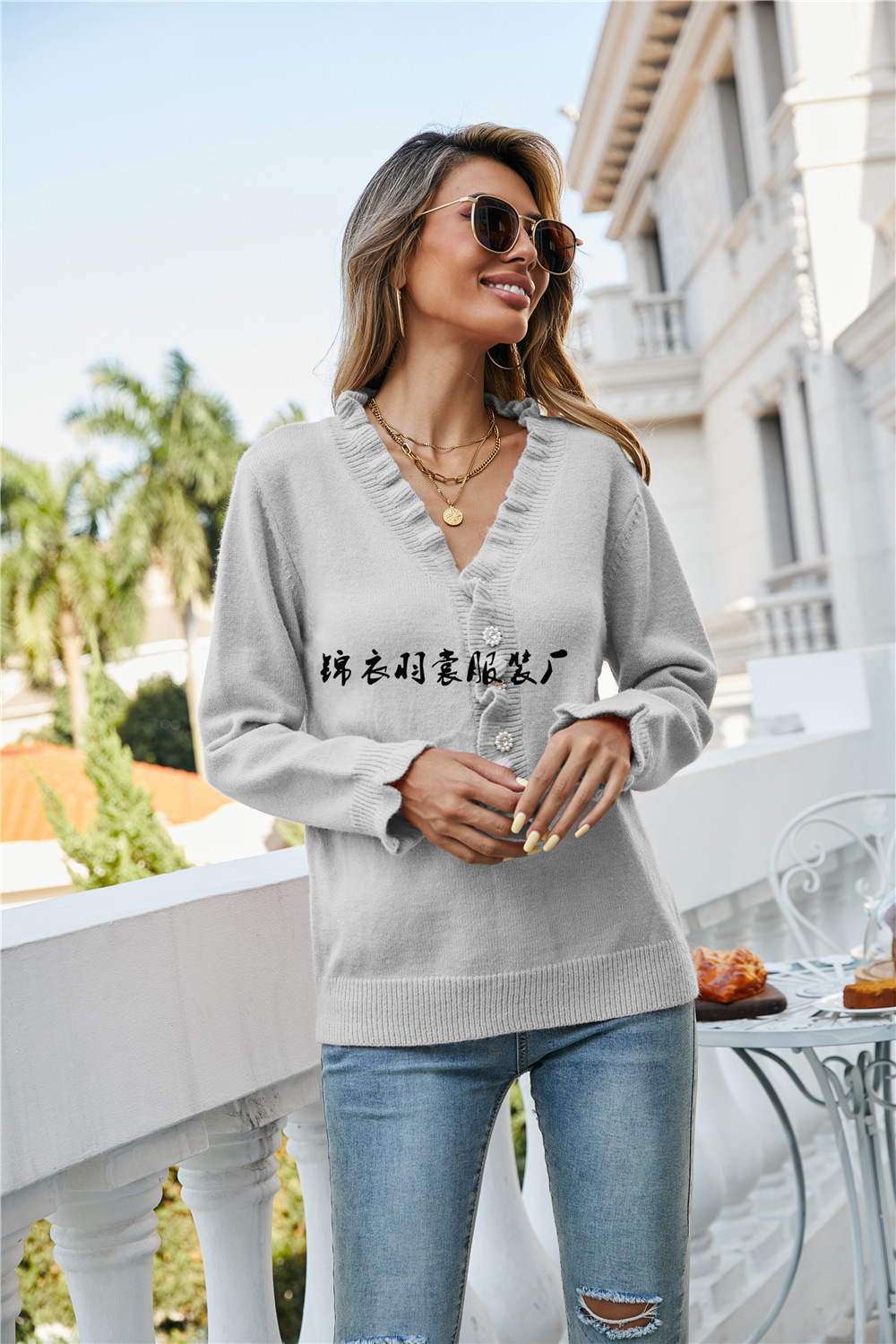 Women's V-Neck Button Knit Sweater with Ruffle Trim