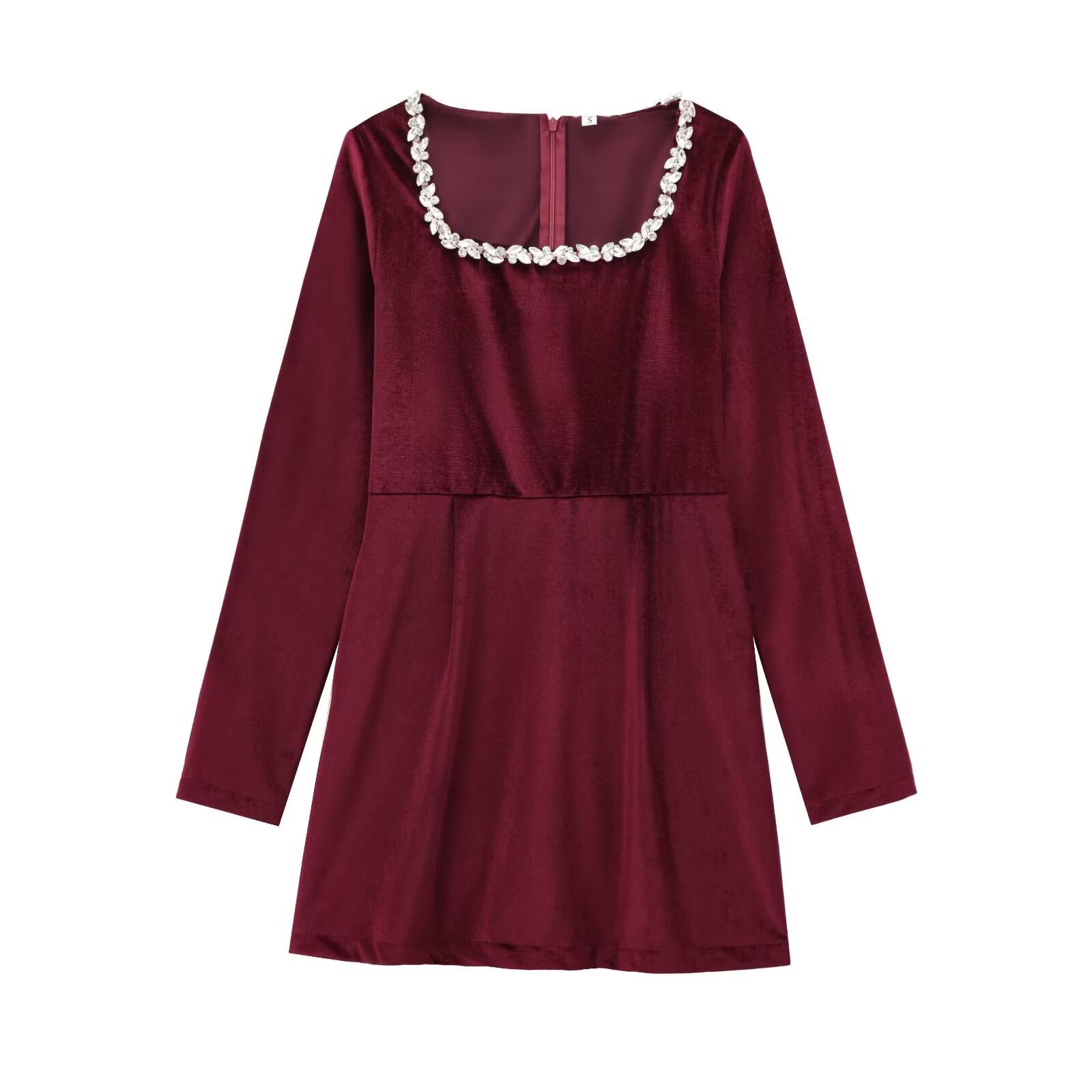 Square Neck Long Sleeve Beaded Velvet Dress