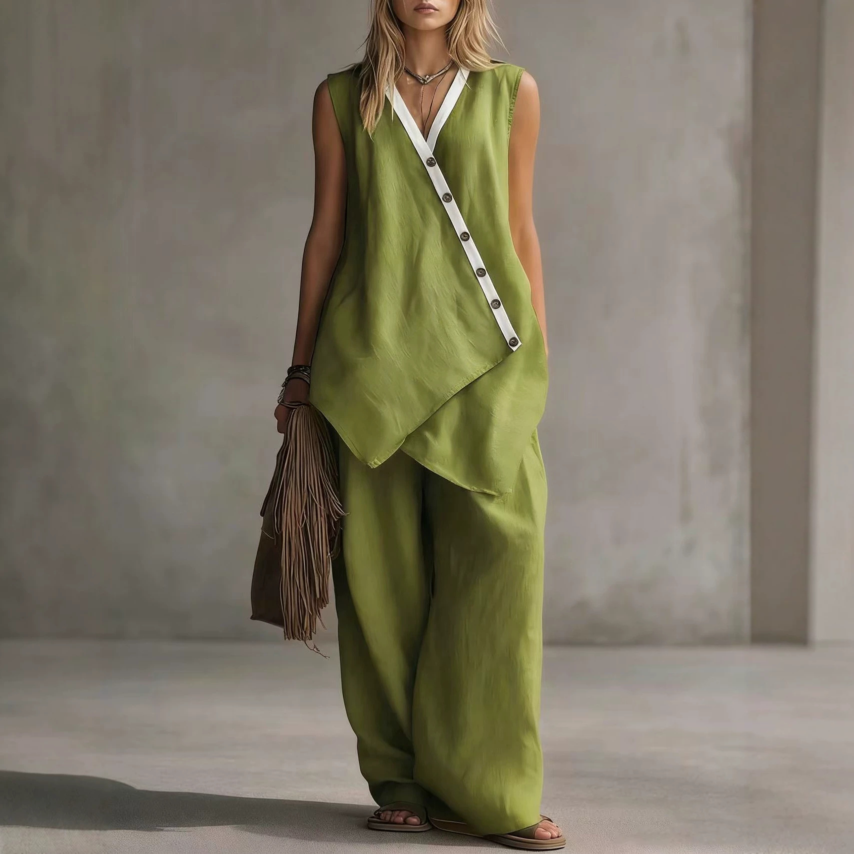 Boho V-Neck Irregular Button Wide-Leg Pants Casual Set