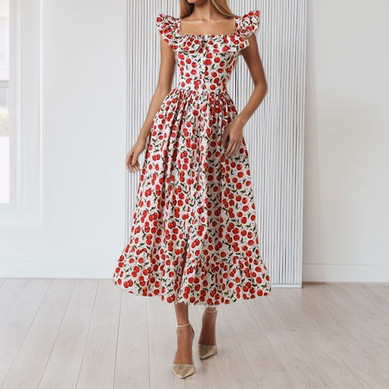 Women's Floral Print Ruffle Trim Square Neck Dress