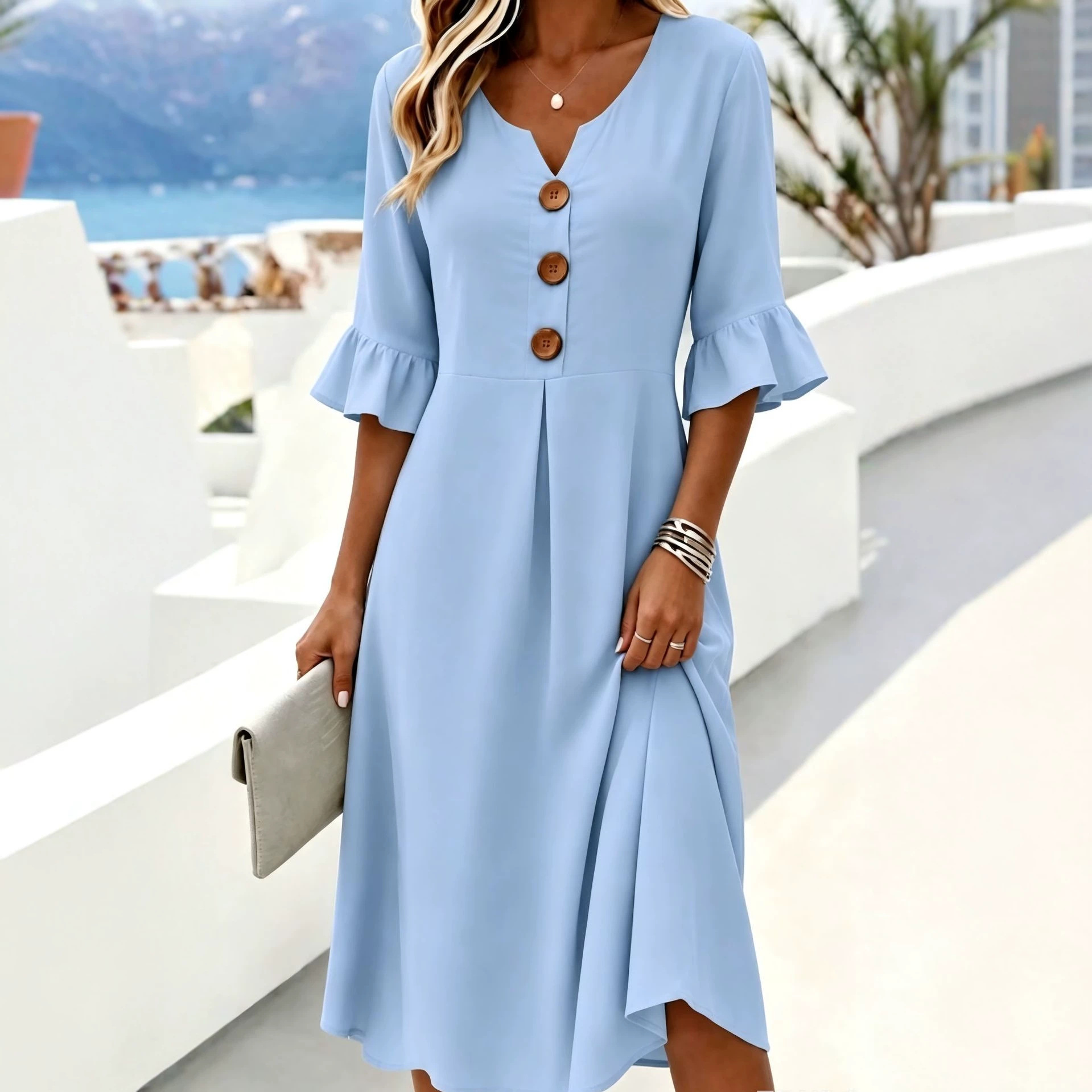 Women's Vintage Print Button Midi Dress