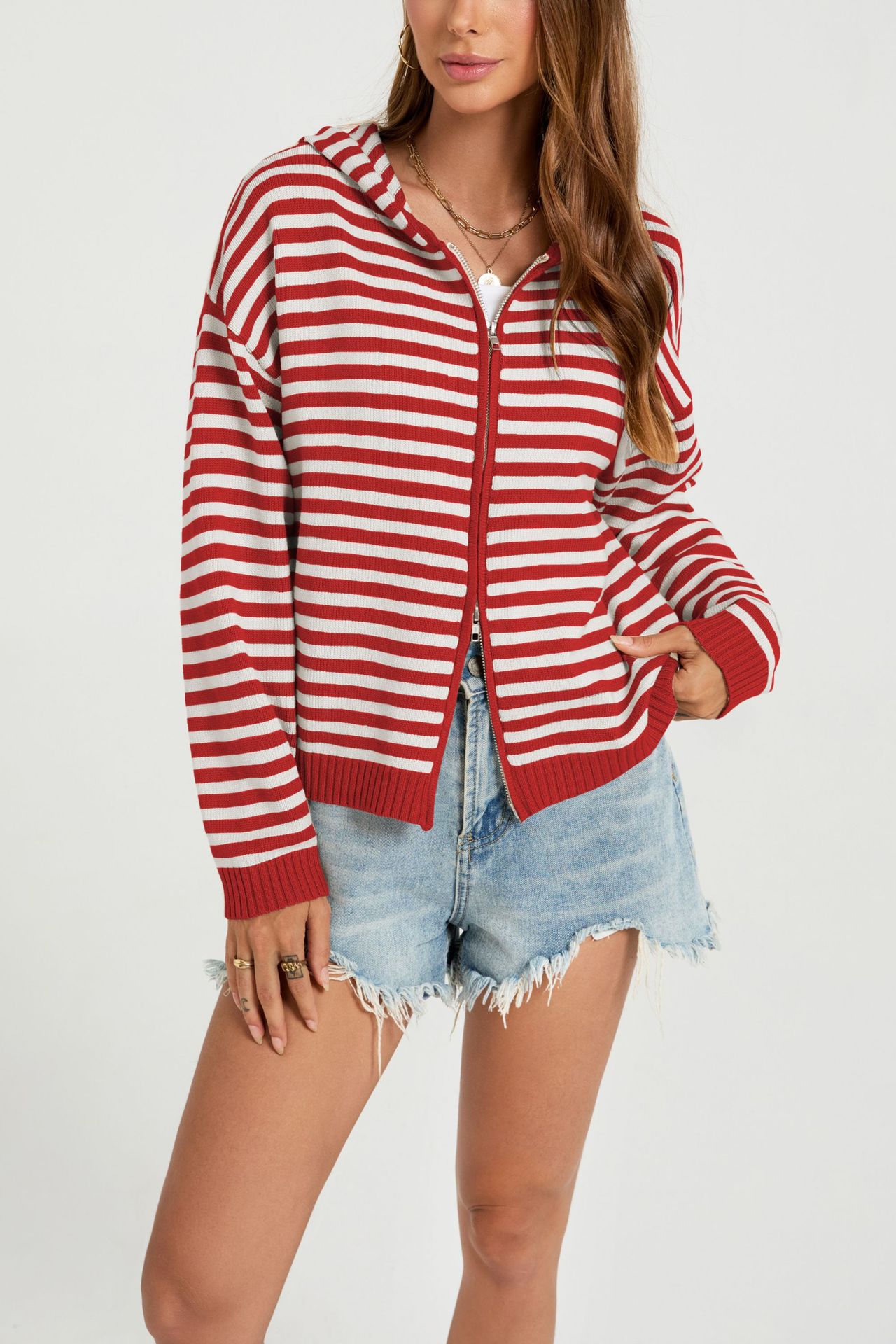 Striped Hooded Zip-Up Knit Cardigan