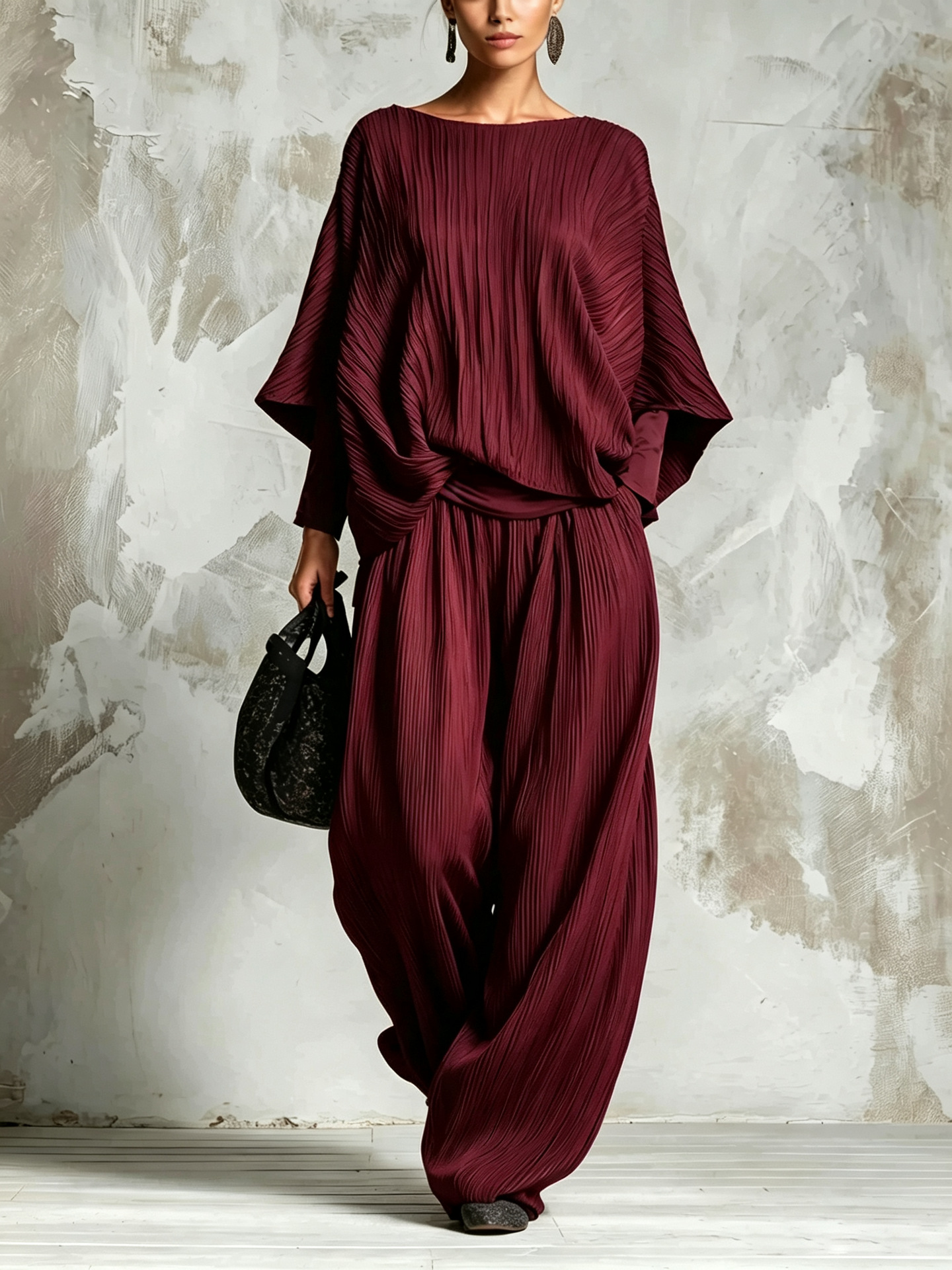 Ruched Batwing Sleeve Top & Wide-Leg Pants Two-Piece Lounge Set