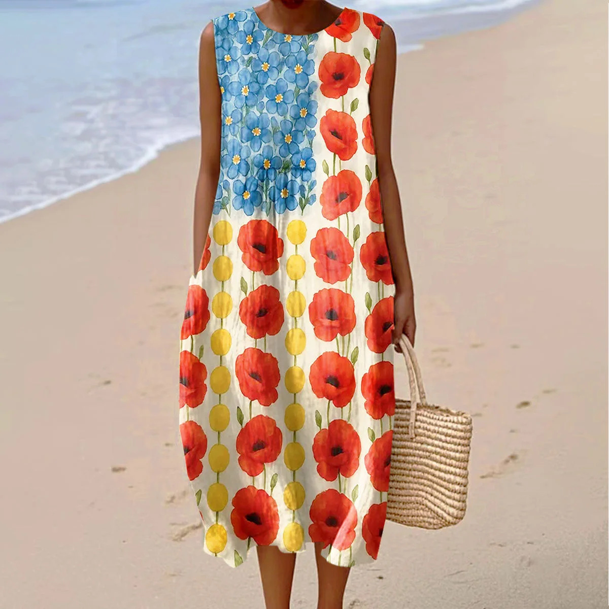Women's Retro Multicolor Striped Floral Sleeveless Midi Dress